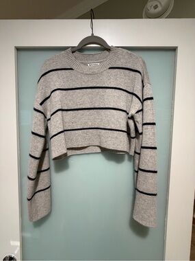 Reformation Cashmere Gray Cropped Sweater with Black Stripes